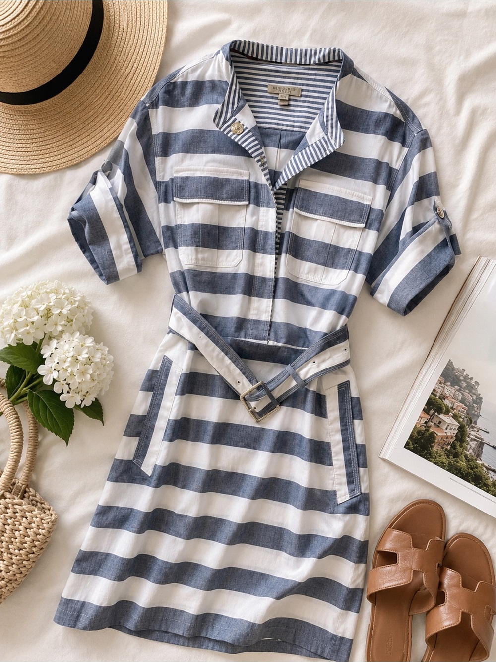 Burberry Brit Blue & White Striped Belted Shirt Dress Size 4 - Picture 2 of 16